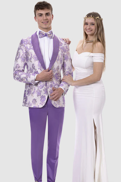 Mens Slim Fit Studded Lapel Paisley Prom Tuxedo in Lavender