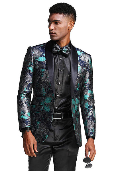 Men's Slim Fit Shawl Lapel Paisley Floral Prom Tuxedo in Turquoise & Navy Blue