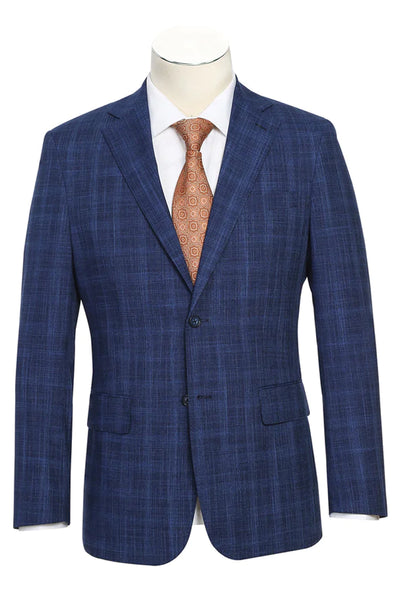Mens English Laundry Two Button Slim Fit Notch Lapel Suit in Dark Blue Windowpane Plaid Weave
