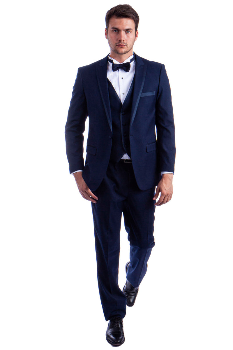 Men's One Button Peak Wedding Tuxedo with Satin Trim in Navy Blue