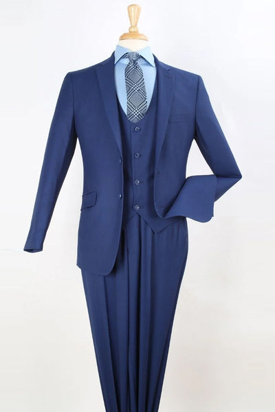 Mens Two Button Slim Fit Scoop Vested Suit in Indigo Blue