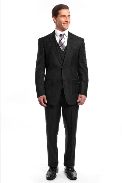 Men's Two Button Vested Business Suit in Black Pinstripe