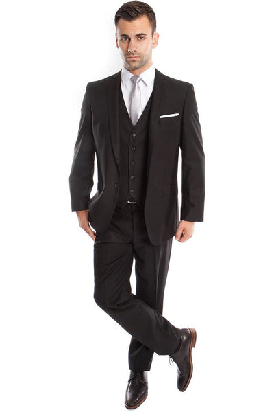 Men's Two Button Slim Fit Basic Vested Wedding Suit in Black