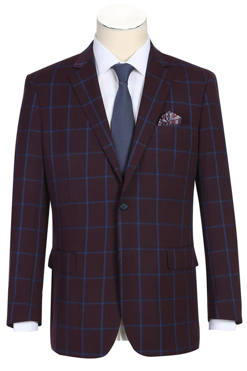 Mens Two Button Slim Fit Sport Coat Blazer in Burgundy & Blue Windowpane Plaid