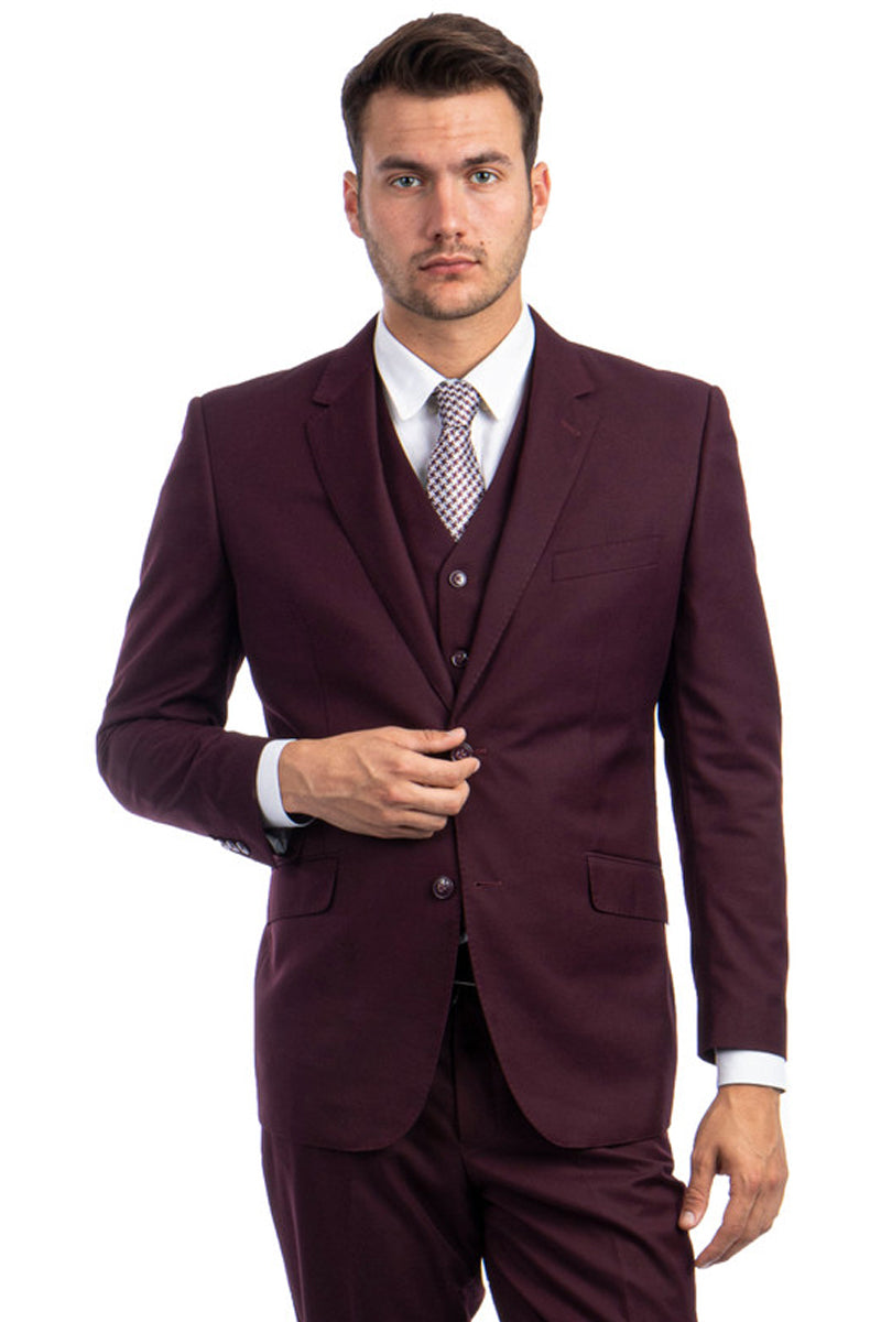 Men's Designer Two Button Modern Fit Vested Wool Suit in Burgundy