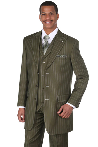 Mens Vintage Vested Gangster Bold Pinstripe Fashion Suit in Olive Green