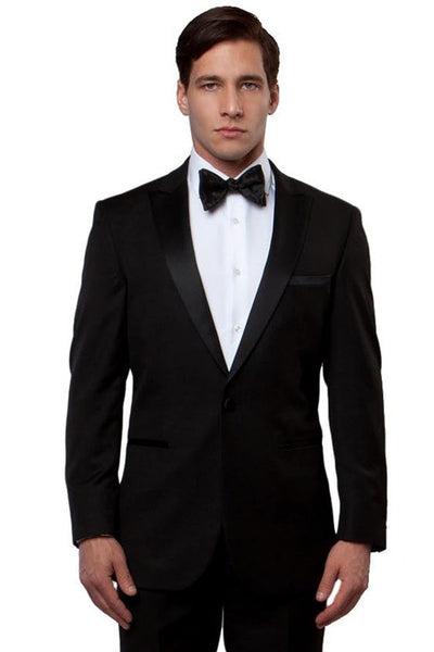 Men's Slim Fit One Button Peak Lapel Wedding Tuxedo in Black