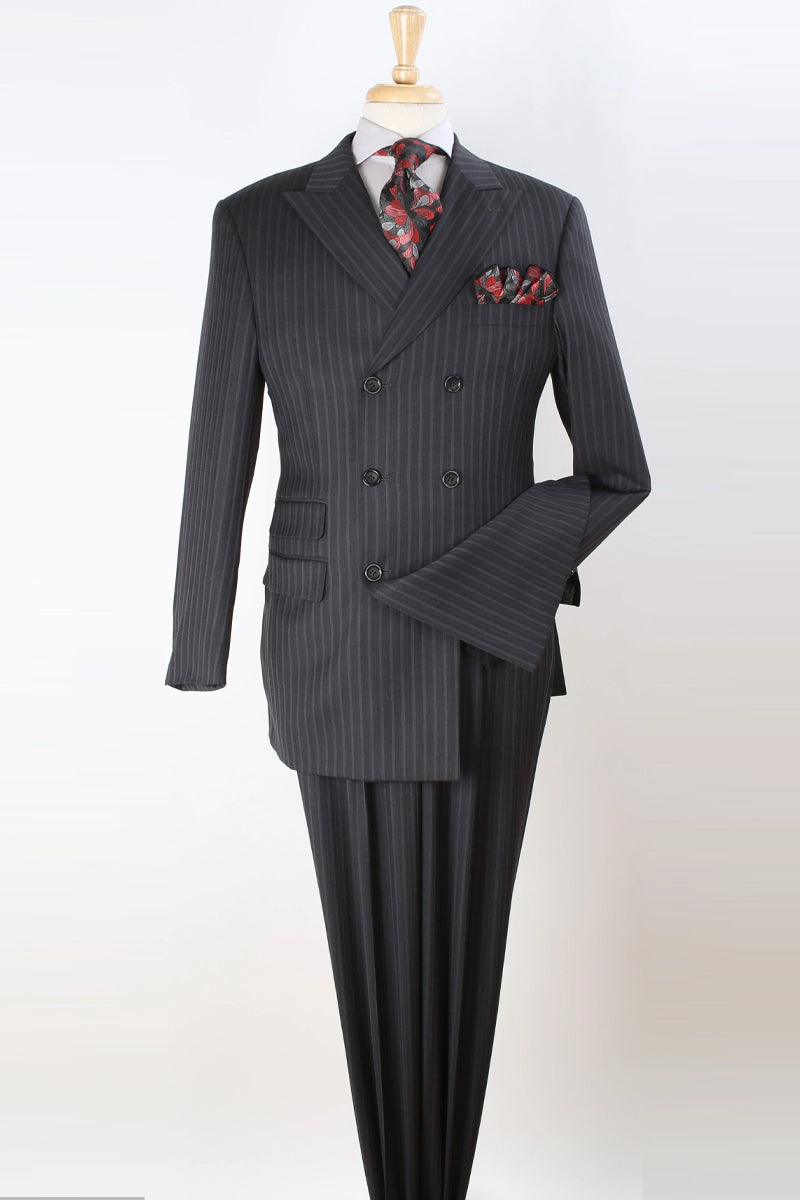 Mens Three Quarter Length Double Breasted Fashion Wool Vested Suit in Black Pinstripe
