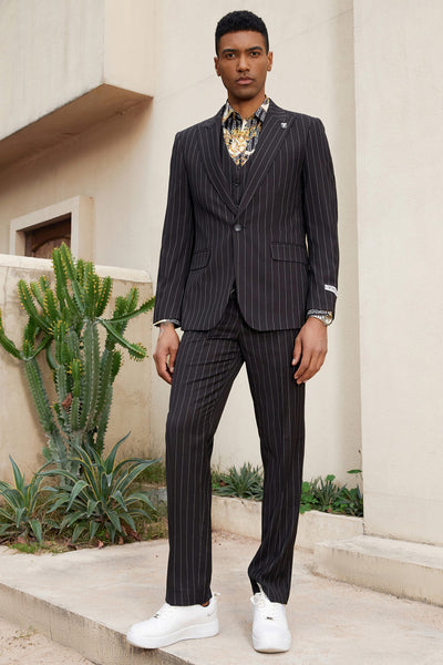 Men's Stacy Adam's One Button Vested Modern Suit in Black Pinstripe