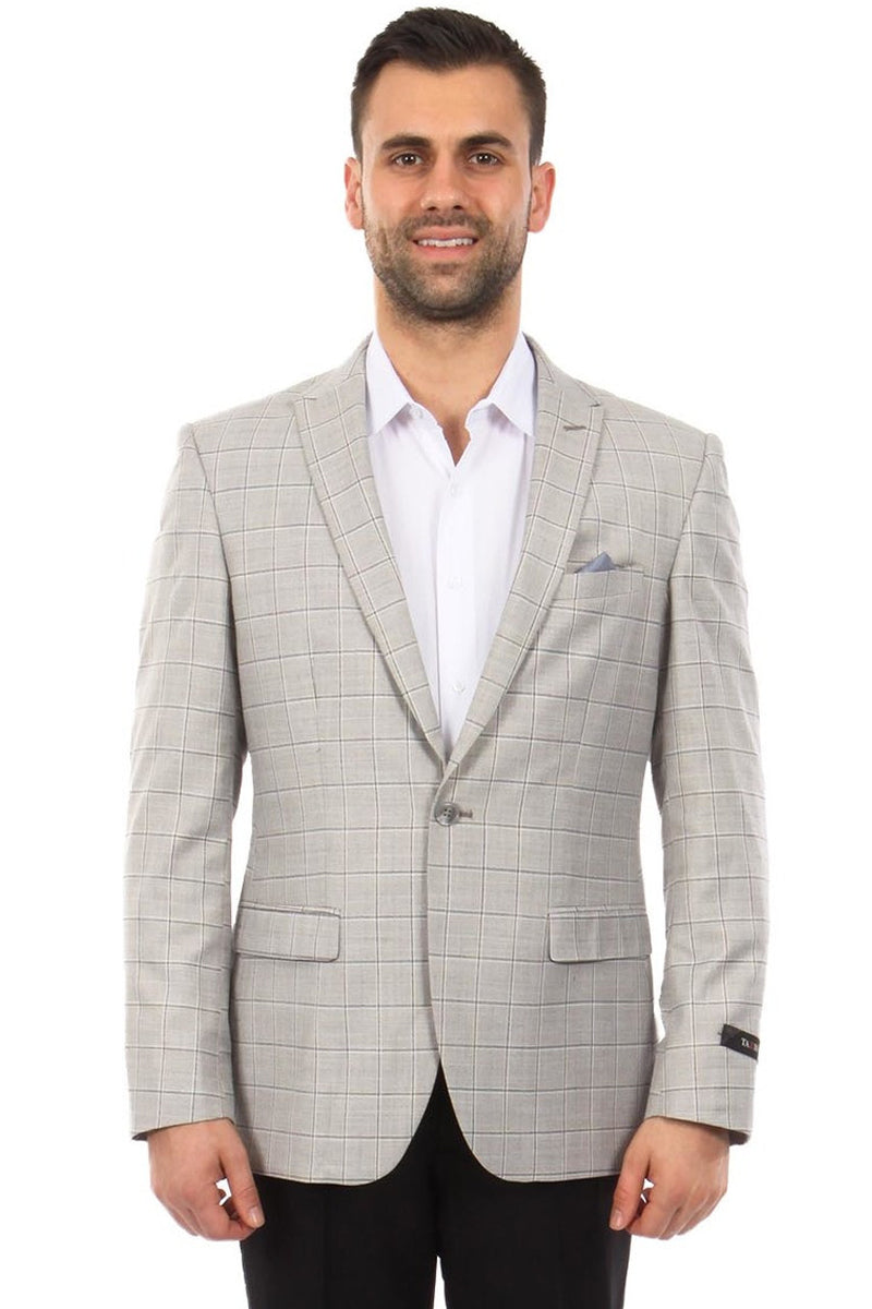 Men's Two Button Windowpane Plaid Sport Coat in Light Grey