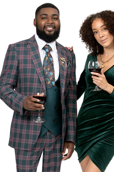 Mens Modern Fit Double Breasted Vest Suit in Forest Green and Red Windowpane Plaid