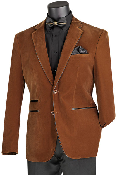 Mens 2 Button Velvet Blazer in Brown with Black leather Piping Trim