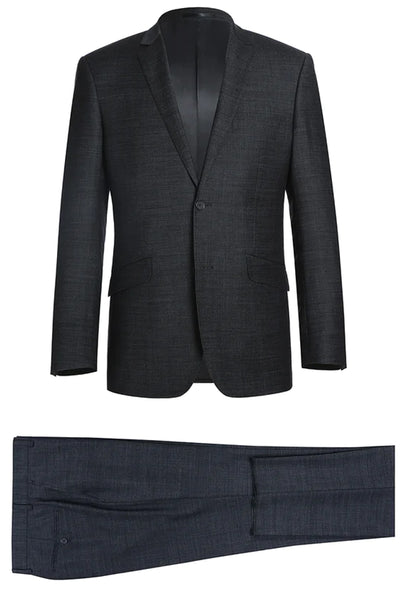 Mens Basic Two Button Slim Fit Wool Suit in Charcoal Grey Weave