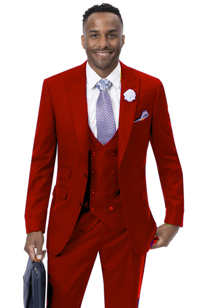 Mens Modern Two Button Vested Peak Lapel Suit with Double Breasted Vest in Red
