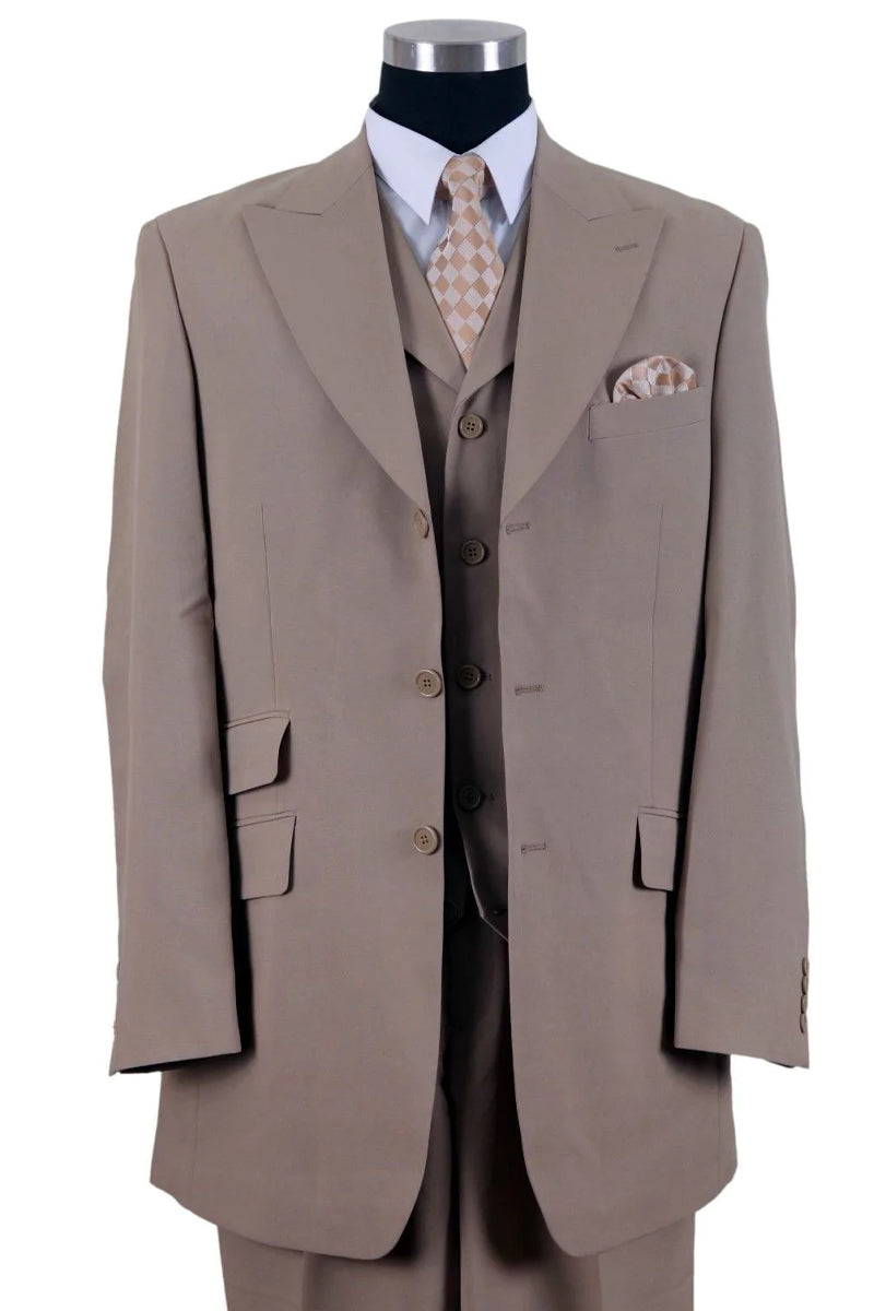 Mens 3 Button Vested Wide Peak Lapel Fashion Suit in Tan