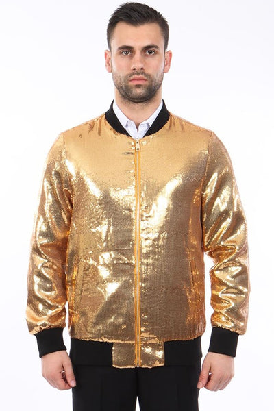 Men's Shiny Sequin Bomber Jacket in Gold