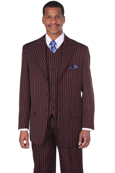 Mens 3 Button Vested Vintage Bold Gangster Pinstripe Suit in Brown