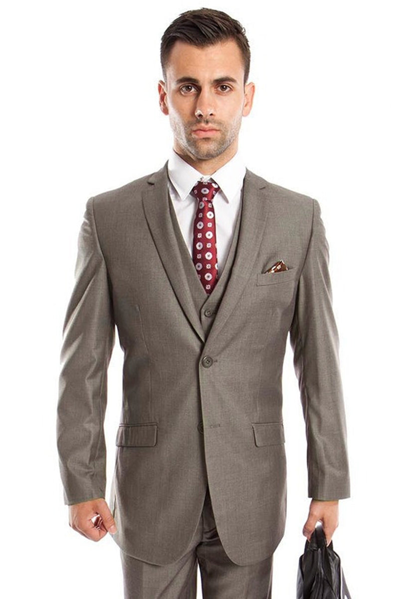 Men's Two Button Slim Fit Basic Vested Wedding Suit in Medium Grey