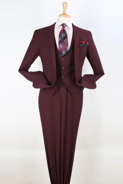 Mens One Button Slim Fit Vested Peak Lapel Skinny Suit in Burgundy