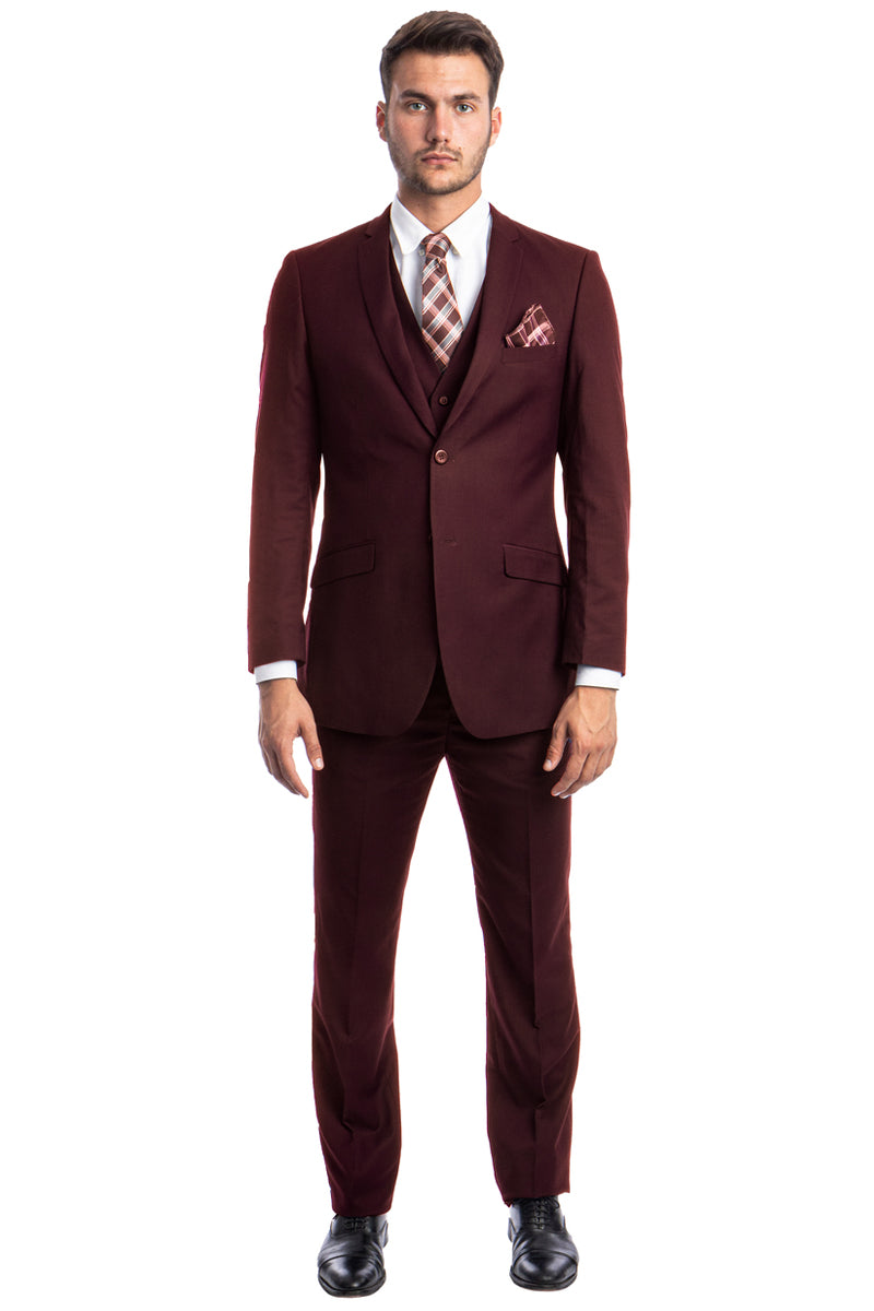 Men's Two Button Slim Fit Basic Vested Wedding Suit in Burgundy