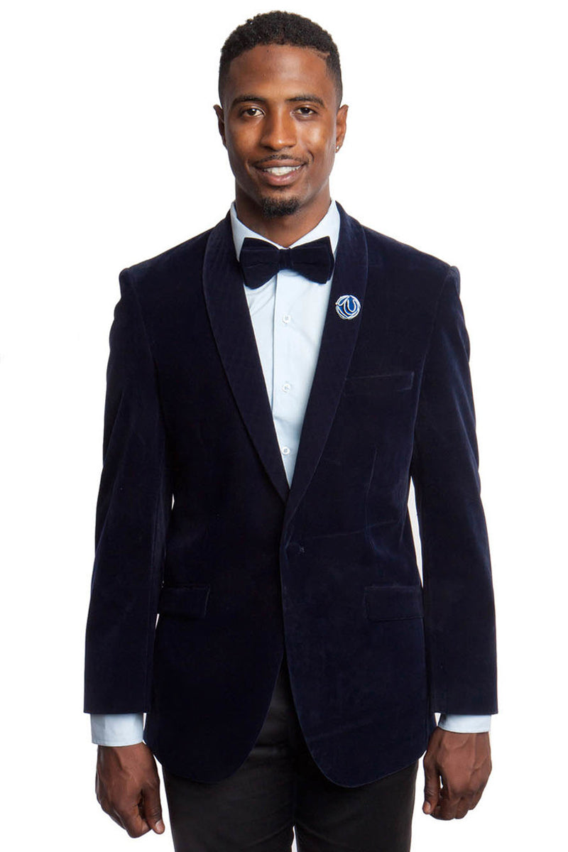 Men's Slim Fit Shawl Lapel Velvet Dinner Jacket in Navy Blue