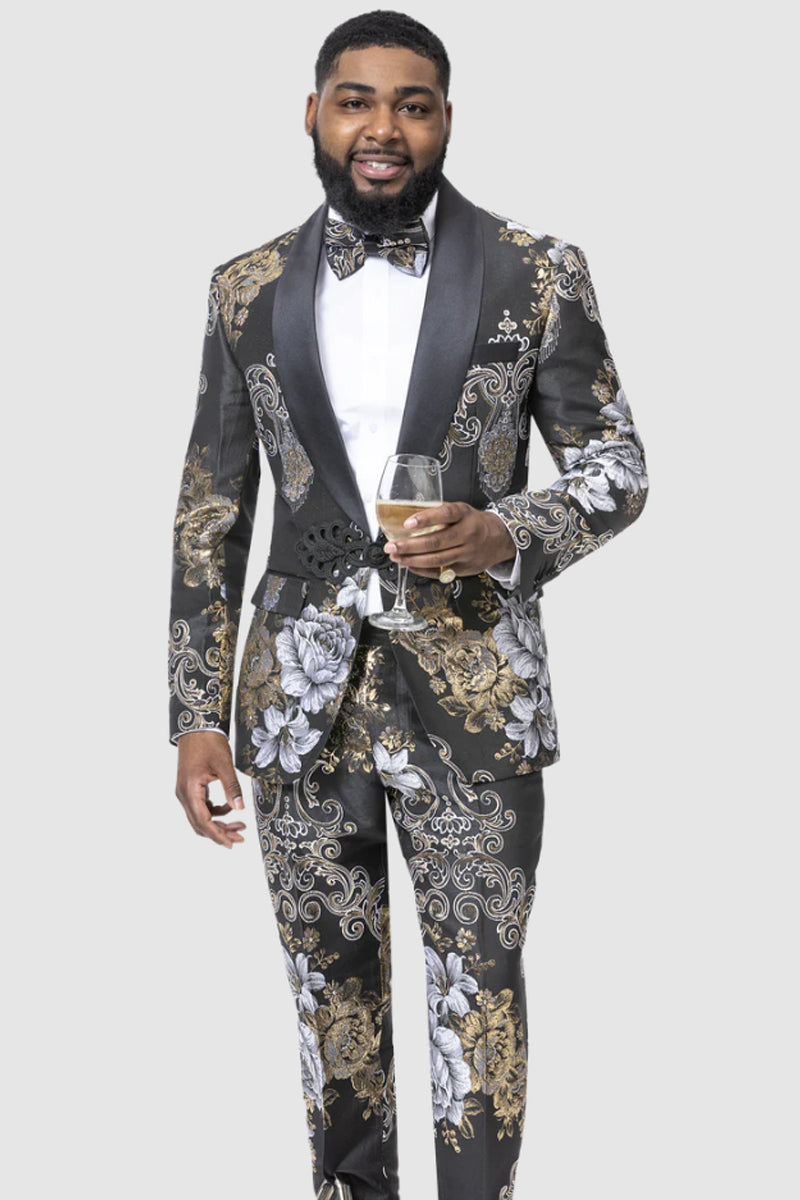 Mens Slim Fit Two Piece Black & Gold Paisley Prom Smoking Jacket Tuxed ...