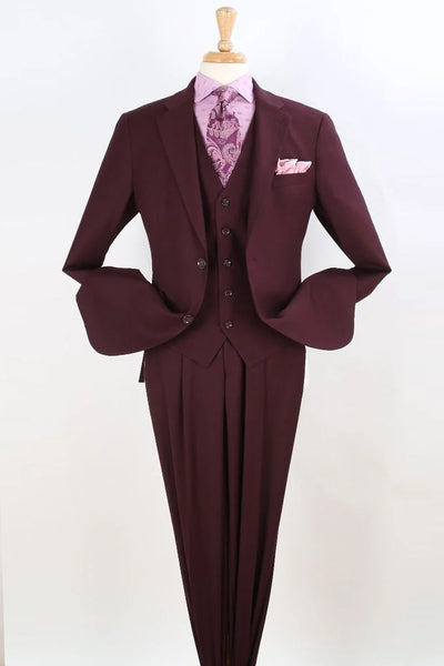 Mens 2 Button Pleated Pant Classic Fit Vested Suit in Burgundy