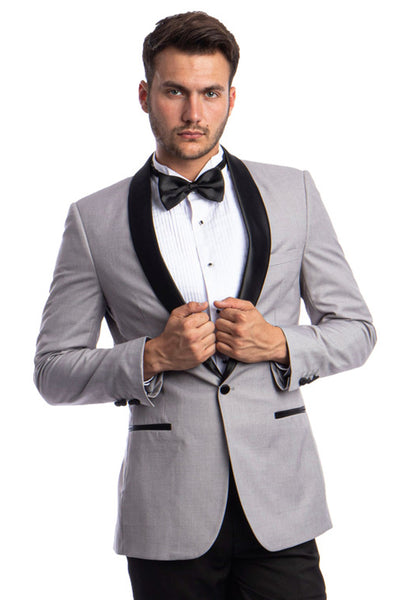 Men's Skinny Fit One Button Shawl Prom Tuxedo in Light Grey