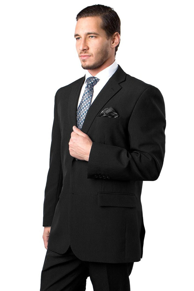 Men's Two Button Vested Mini Pinstripe Business Suit in Black