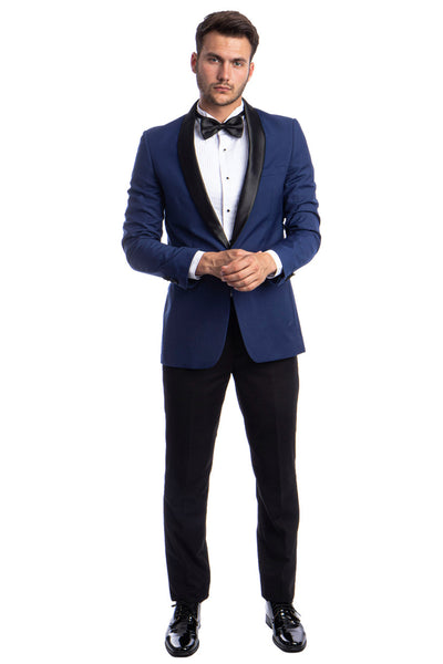 Men's Skinny Fit One Button Shawl Prom Tuxedo in Blue