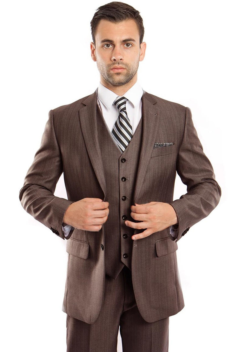Men's Two Button Vested Textured Sharkskin Business Suit in Brown