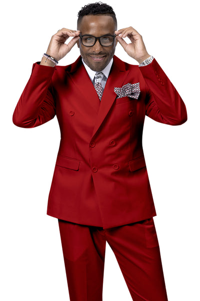 Mens Modern Double Breasted Peak Lapel Suit in Red