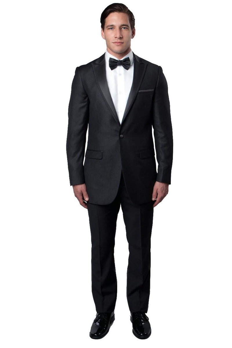 Men's Slim Fit One Button Satin Trim Peak Lapel Prom & Wedding Tuxedo in Charcoal Grey