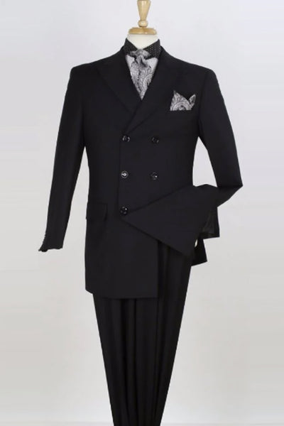 Mens Three Quarter Length Double Breasted Fashion Wool Vested Suit in Black