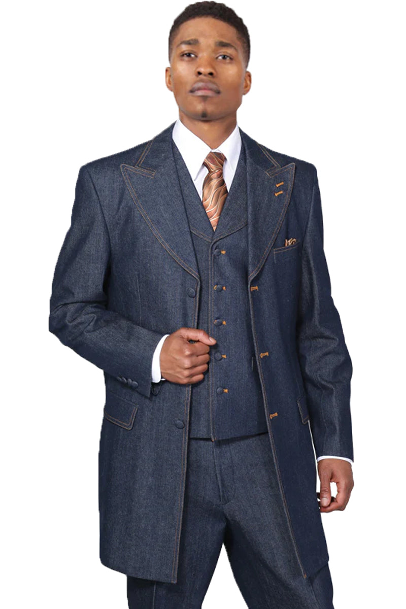 Mens Long Vested Denim Jeans Fashion Zoot Suit in Blue, 56 Regular / Blue
