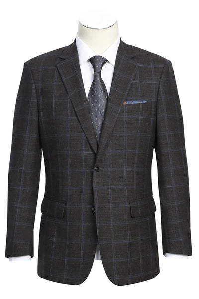 Mens Classic Fit Two Button Wool & Linen Sport Coat Blazer in Brown Windowpane Plaid