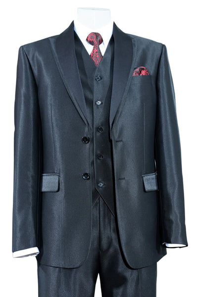 Mens 2 Button Vested Slim Fit Shiny Sharkskin Tuxedo Suit in Black