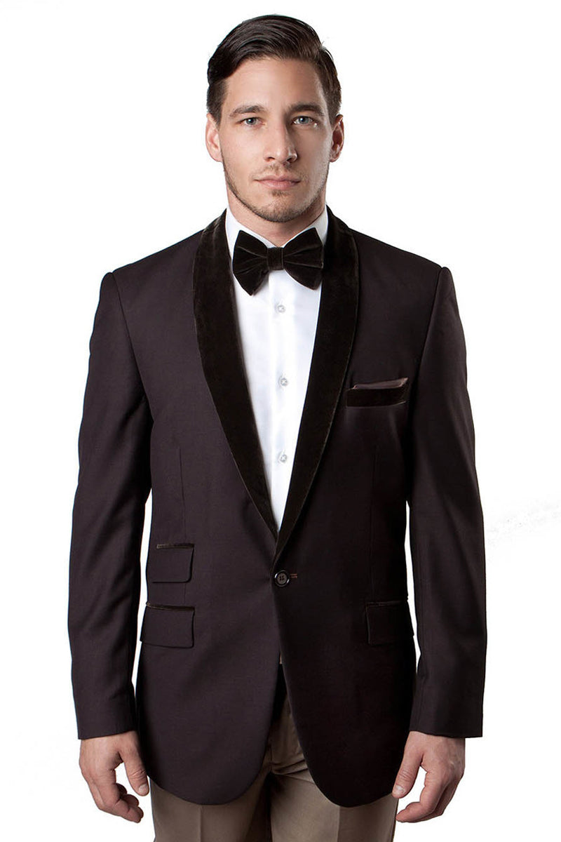 Men's One Button Velvet Shawl Collar Tuxedo Jacket in Brown ...