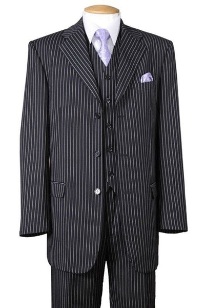 Mens 3 Button Bold 1920's Gangster Pinstripe Vested Suit in Charcoal Grey