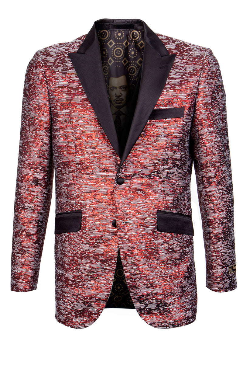 Men's Shiny Satin Texured Tuxedo Jacket in Red & Black