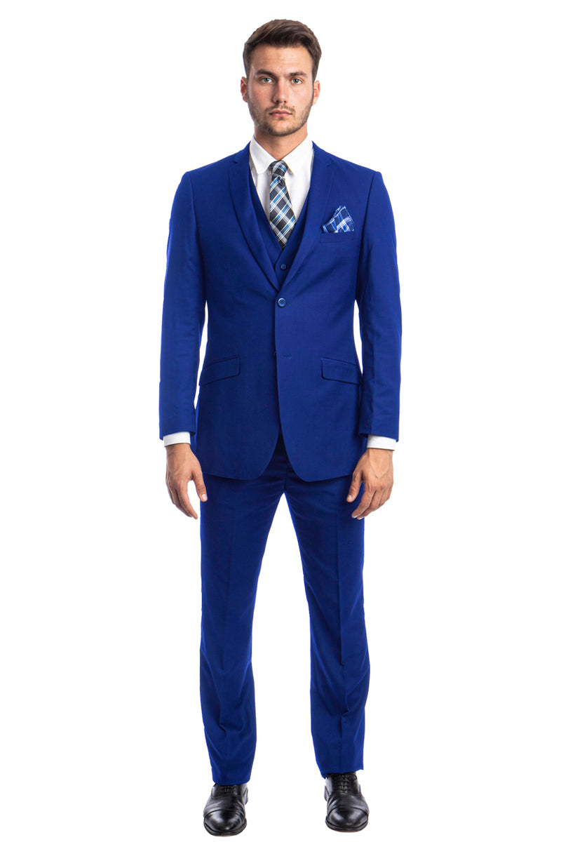 Men's Two Button Slim Fit Basic Vested Wedding Suit in Royal Blue 48 Long / Royal Blue
