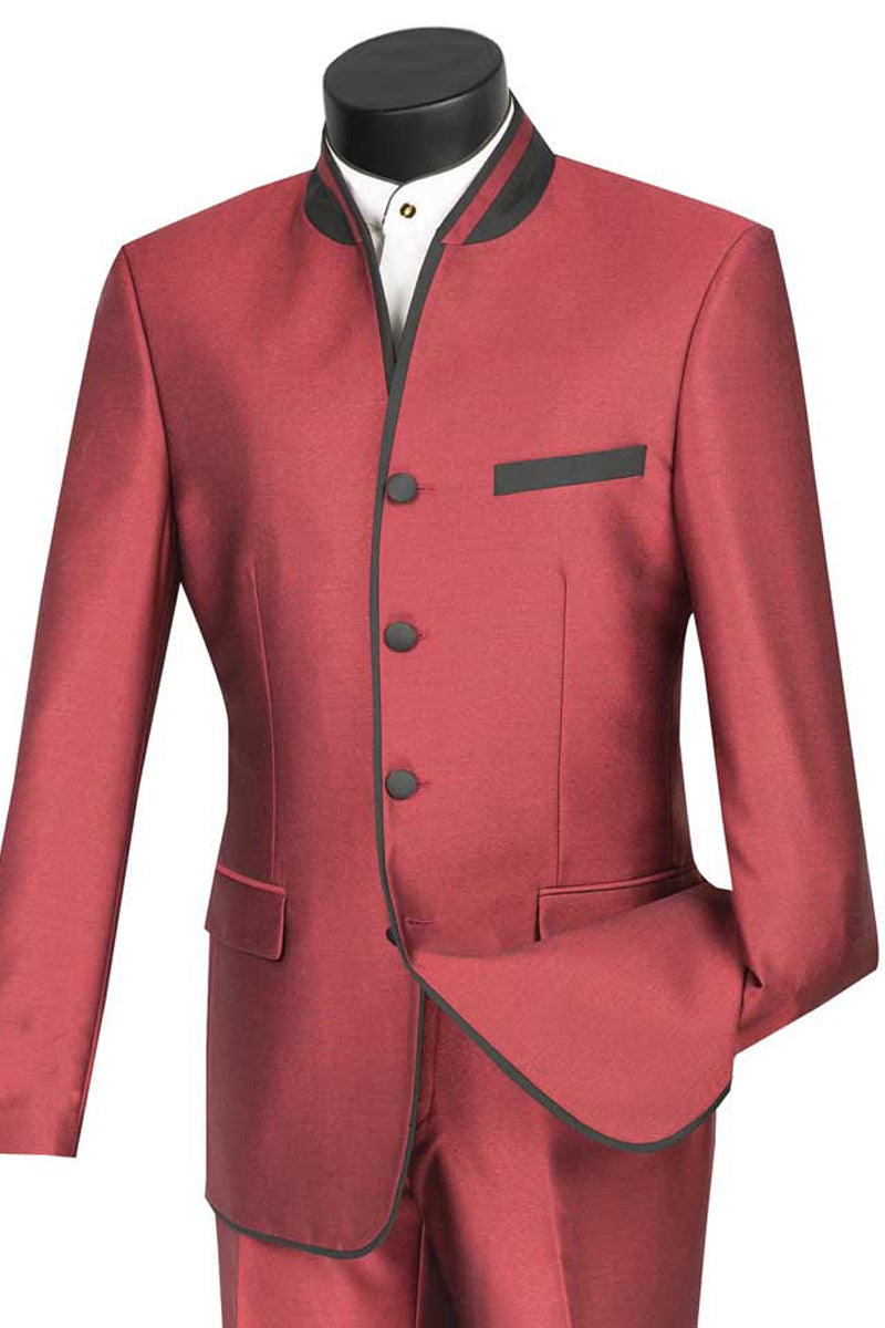 Mens 4 Button Mandarin Banded Trim Tuxedo in Burgundy