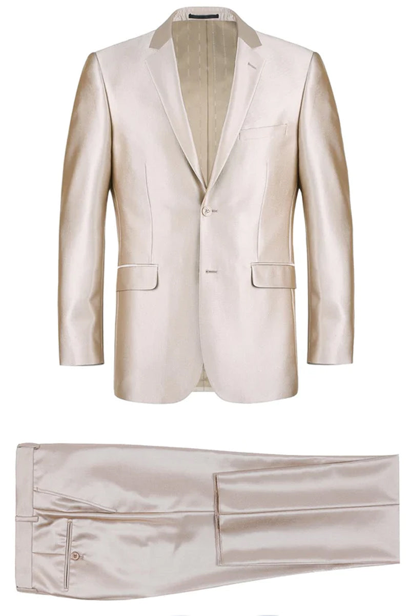 Mens Basic Two Button Slim Fit Suit with Optional Vest in Shiny Champagne Tan Sharkskin