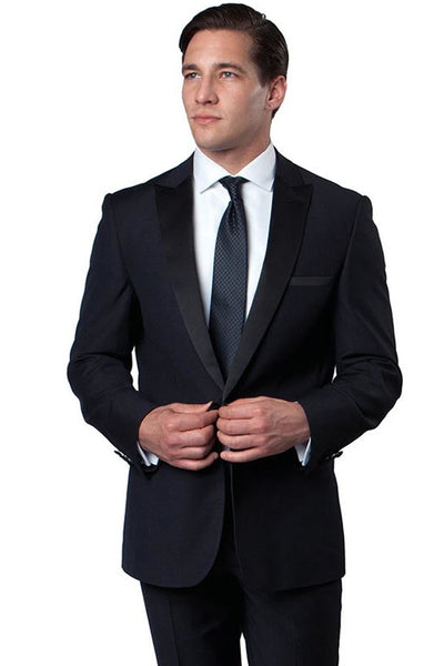 Men's Slim Fit One Button Peak Lapel Wedding Tuxedo in Navy Blue