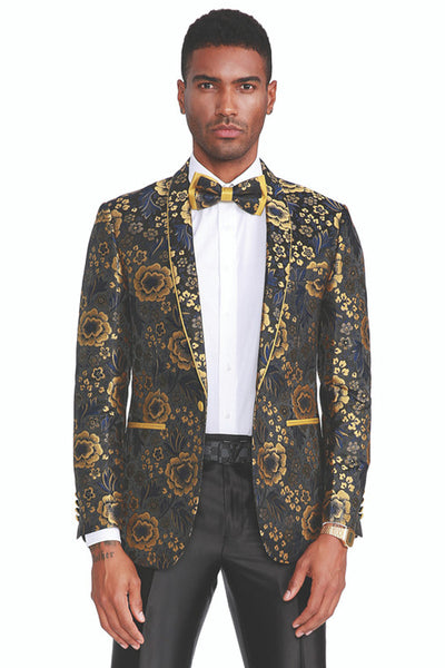 Men's Slim Fit Prom Dinner Jacket in Black & Gold Floral Paisley