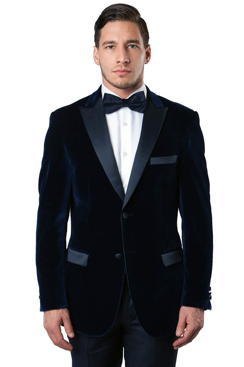 Mens Velvet Dinner Jacket - Mens Tuxedo Blazer With Trim Shawl Collar Navy Blue