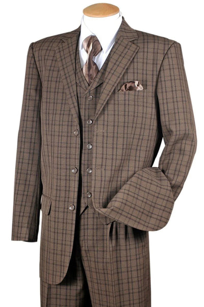 Mens 3 Button Vested Windowpane Plaid Fashion Suit in Brown