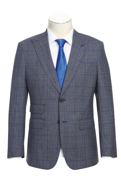 Mens English Laundry Two Button Slim Fit Peak Lapel Wool Suit in Grey & Blue Windowpane Plaid Check