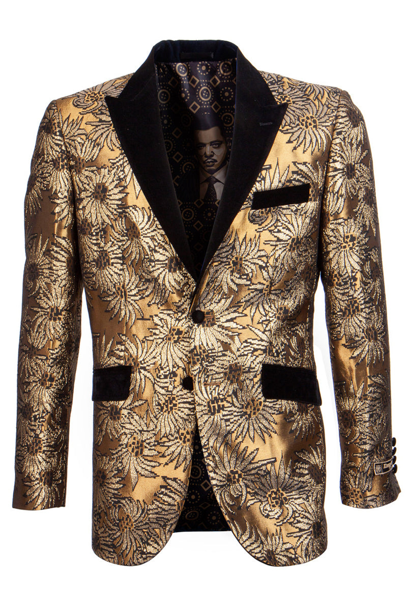 Men's Foil Satin Sunflower Print Tuxedo Jacket in Yellow Gold