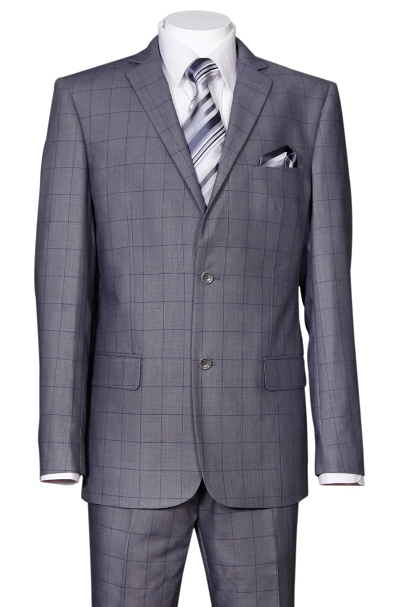 Mens 2 Button Modern Fit Windowpane Plaid Suit in Grey